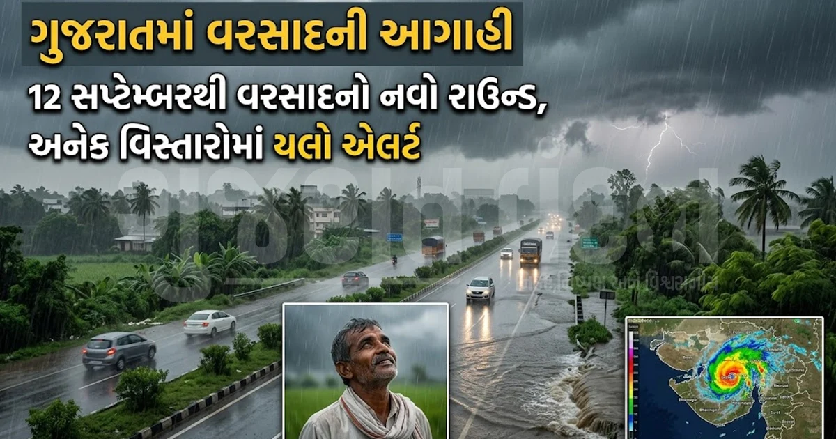 ગુજરાતમાં 12 સપ્ટેમ્બરથી વરસાદનો નવો રાઉન્ડ, દક્ષિણ ગુજરાત અને સૌરાષ્ટ્રમાં યલો એલર્ટ